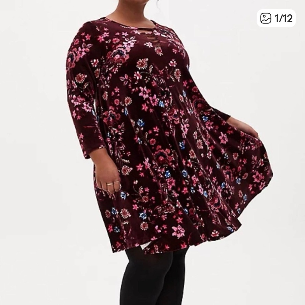 🖤 Torrid Burgundy Floral Velvet Ladder Neck Dress 2X